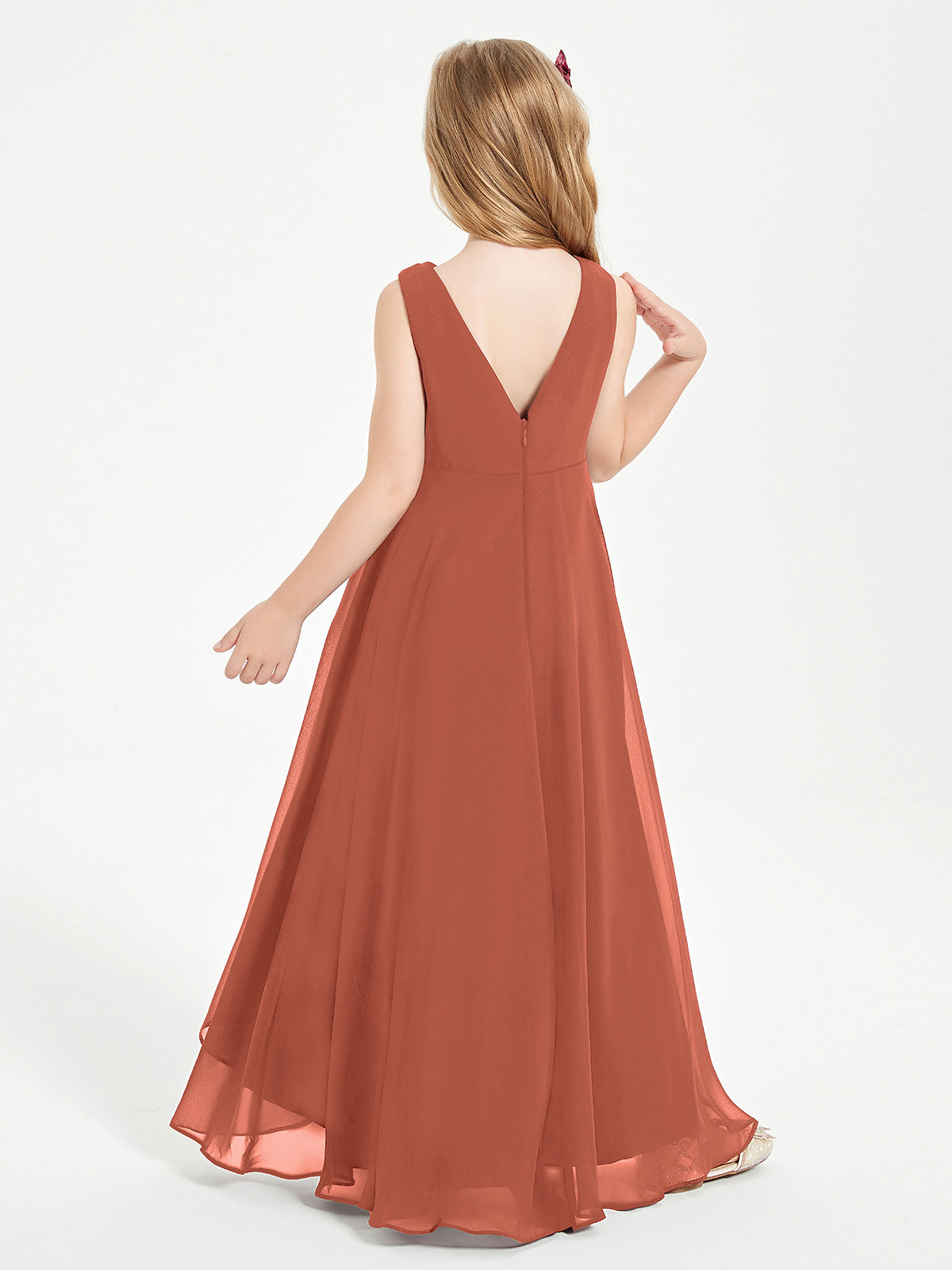 Modern Asymmetrical Cowl Neck Junior Bridesmaid Dresses Rust